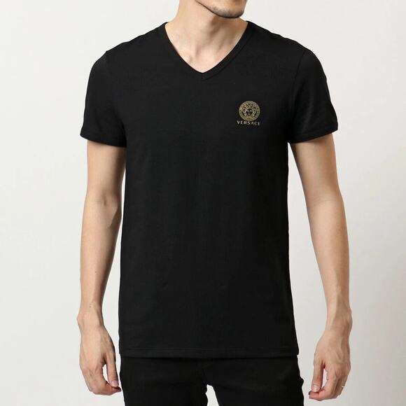 Versace T-Shirt Men's 4/ M Black Cotton Stretch Medusa Logo V-Neck NWT - Picture 1 of 14